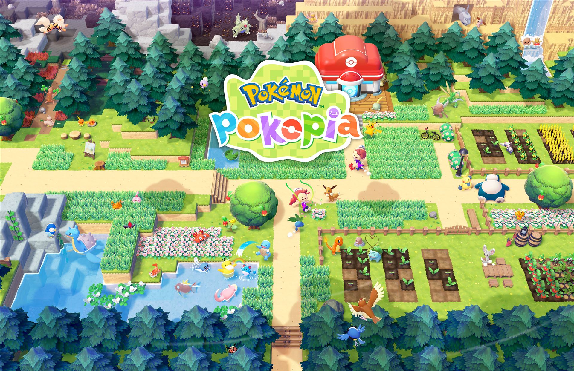 Pokémon Pokopia — bovenaanzicht van de spelwereld met Pokémon logo
